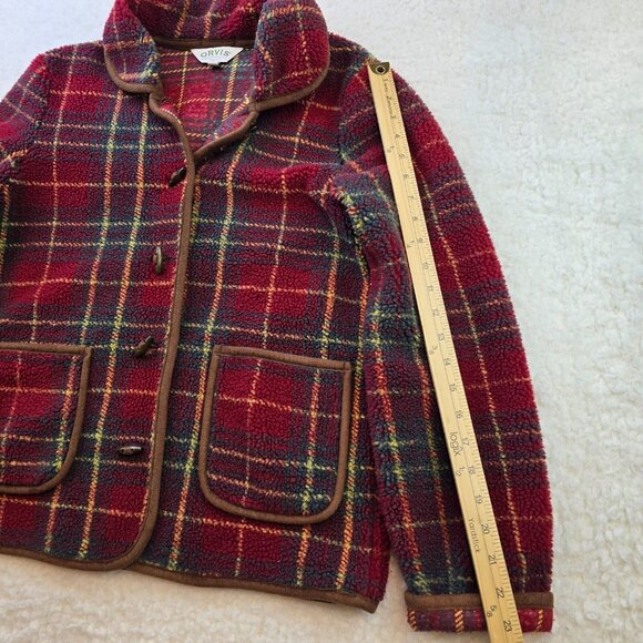 Orvis Vintage Jacket Fleece M Red Plaid Pockets Toggle Button Collar Flannel - Picture 3 of 9